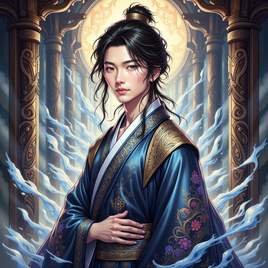 Korean Scholar in Manhwa Ink Wash Style