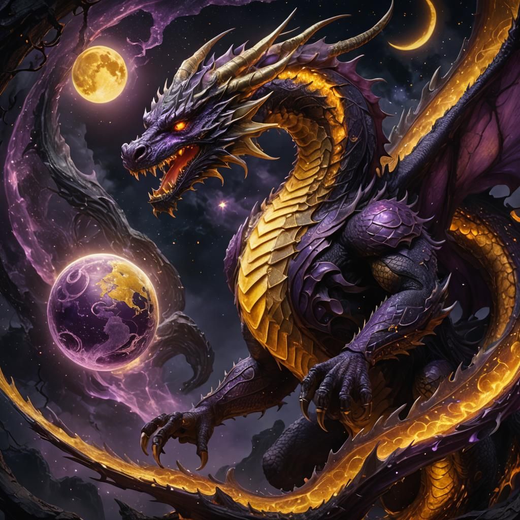 Majestic Moon Dragon Cradling Planet: Dark Fantasy Art