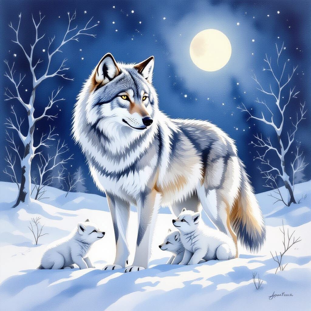 Majestic Wolf Family in Moonlight Watercolor