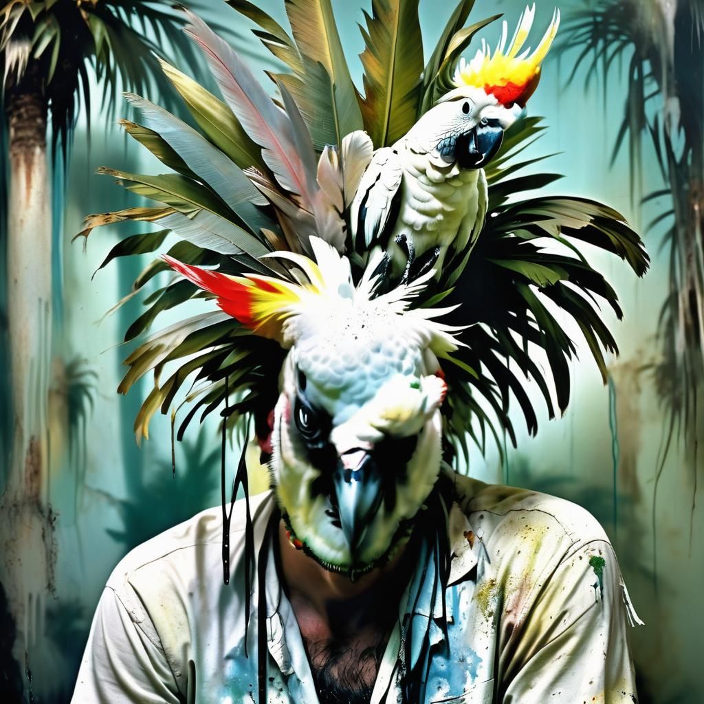 Cockatoo on Man's Head: Tropical Masterpiece