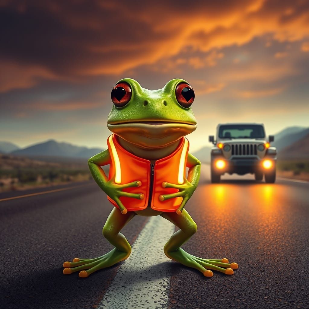 Frog Crossing Guard on Highway, Retro-Futuristic Art