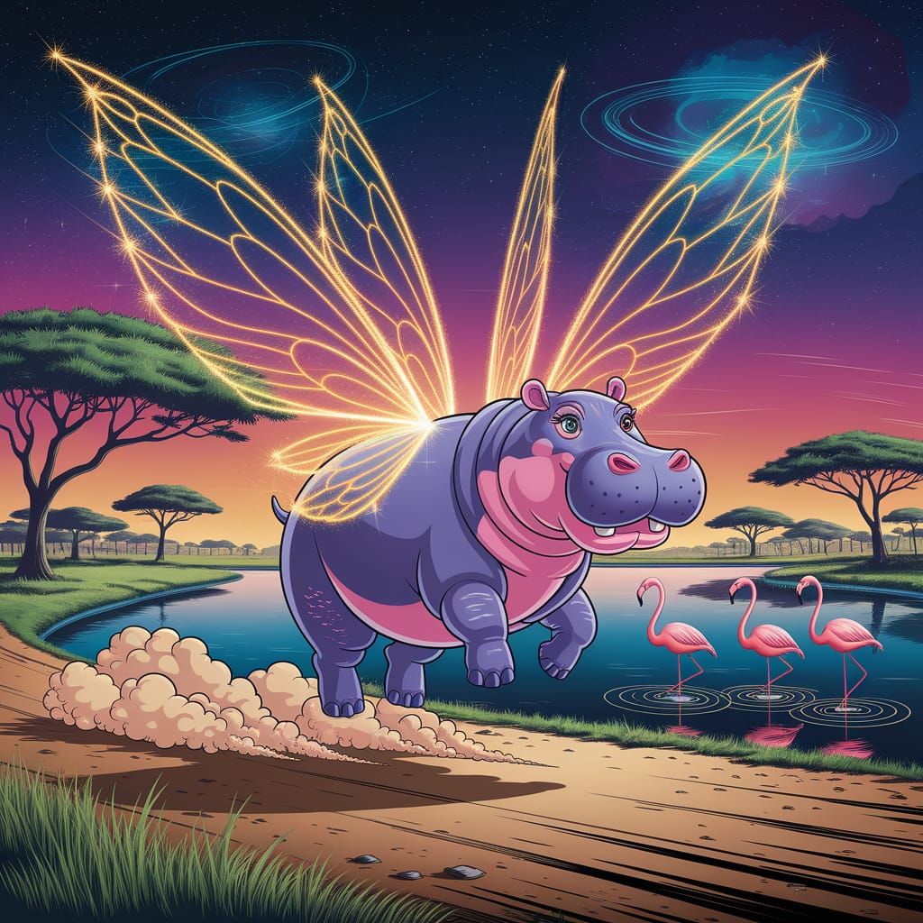 Hippo Takes Flight in Whimsical African Scene