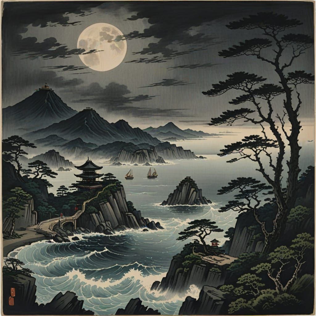 Moonlit Samurai on Stormy Seas in Cyberpunk Style