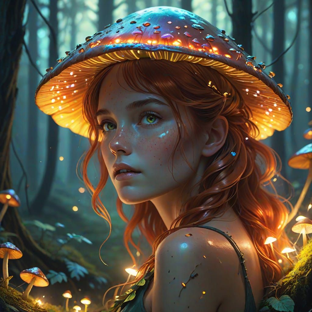 Femme Fatale in Enchanted Forest, Beside Glowing Fairy Mushr...