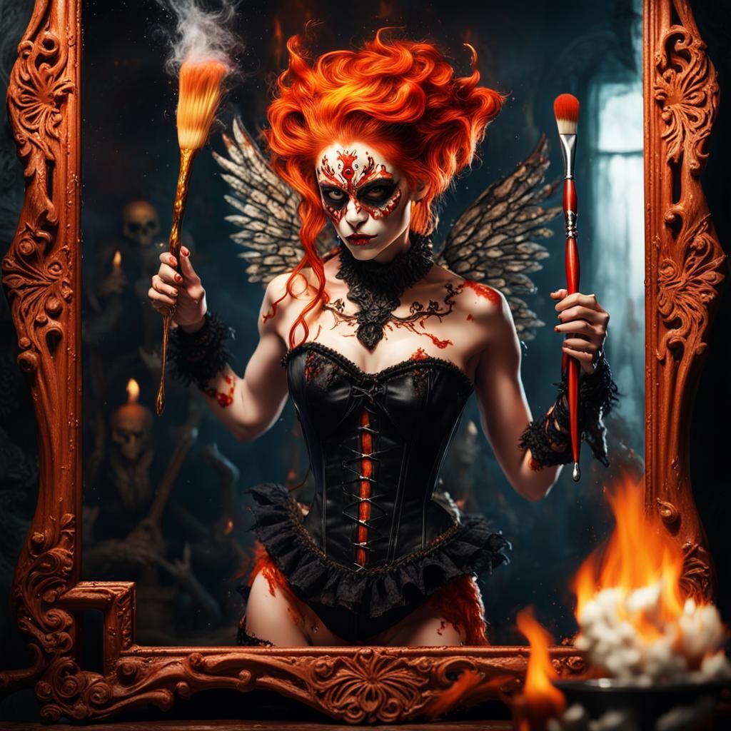 Gothic Angel Demon with Mirror, Art Nouveau Style