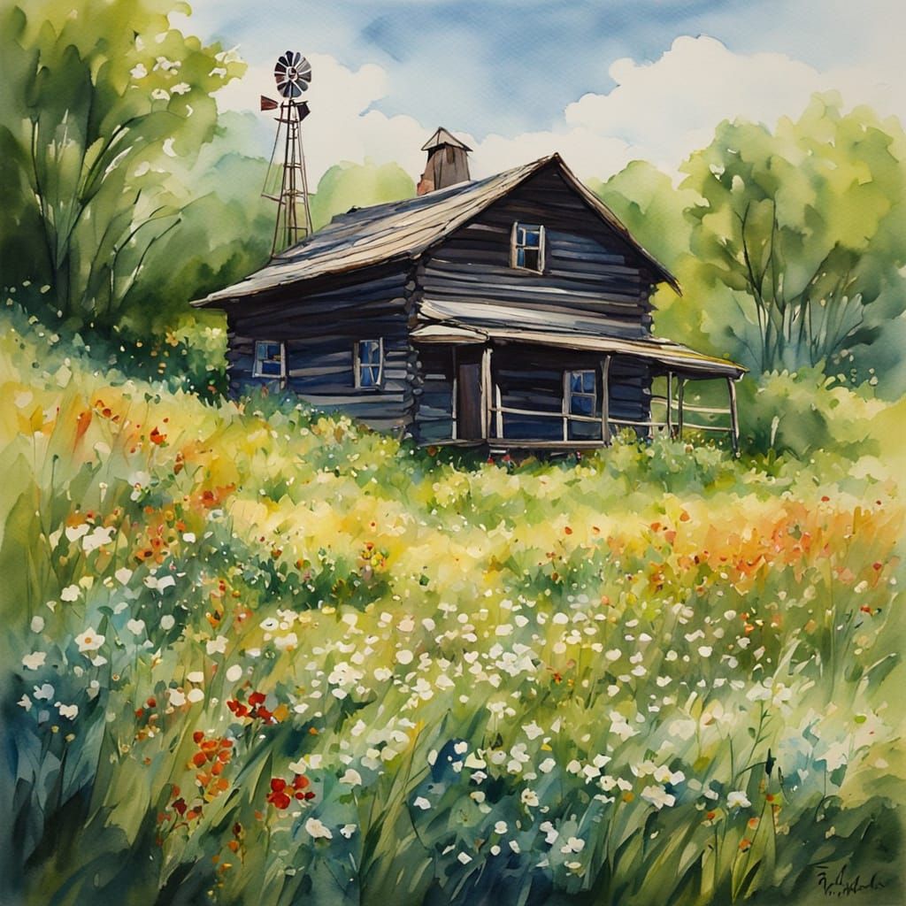 Parallax, watercolor, thick green grass, alfalfa in the foreground, then it fades away and goes up a small hill where th...