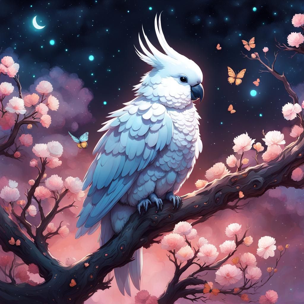 Chibi Cockatoo Constellation with Bioluminescent Flowers