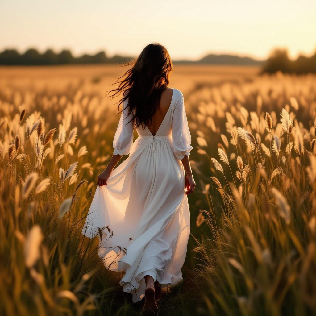 Woman in White Dress Walking Through Golden Field
