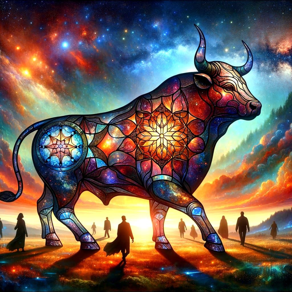 Stained-Glass Bull Amidst Cosmic Nebulae