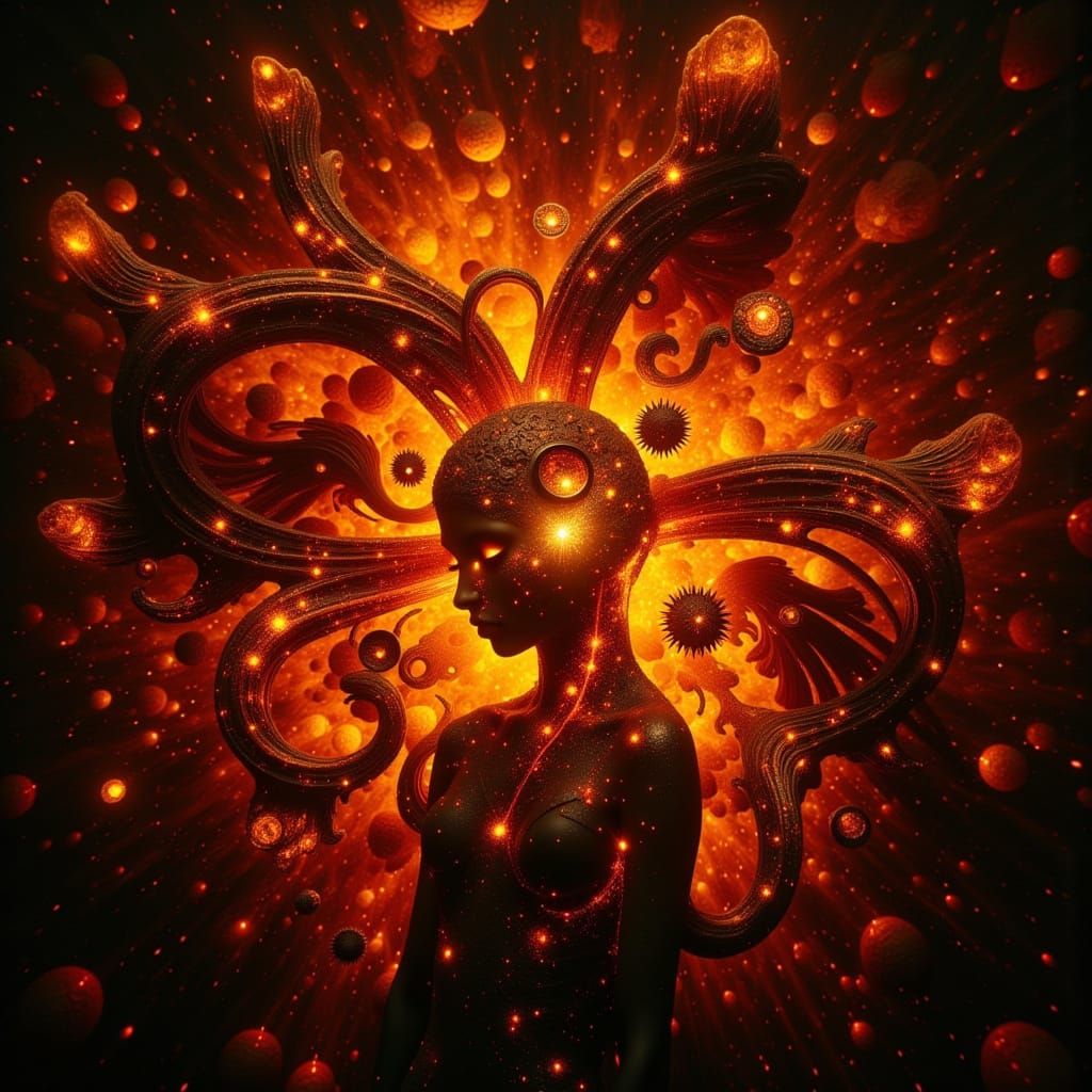 Vibrant Amber and Red Abstract Art in Dark Oil Style