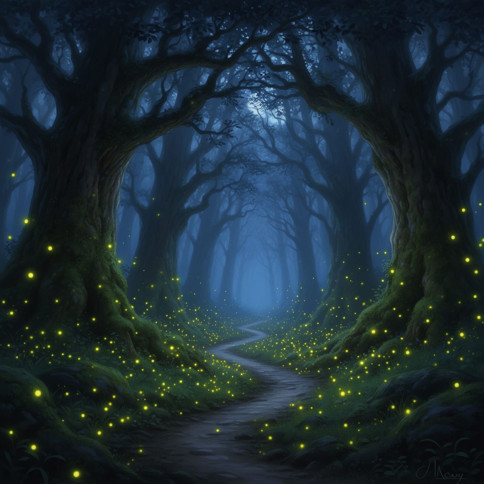 Mystical Twilight Forest Path Illuminated by Fireflies