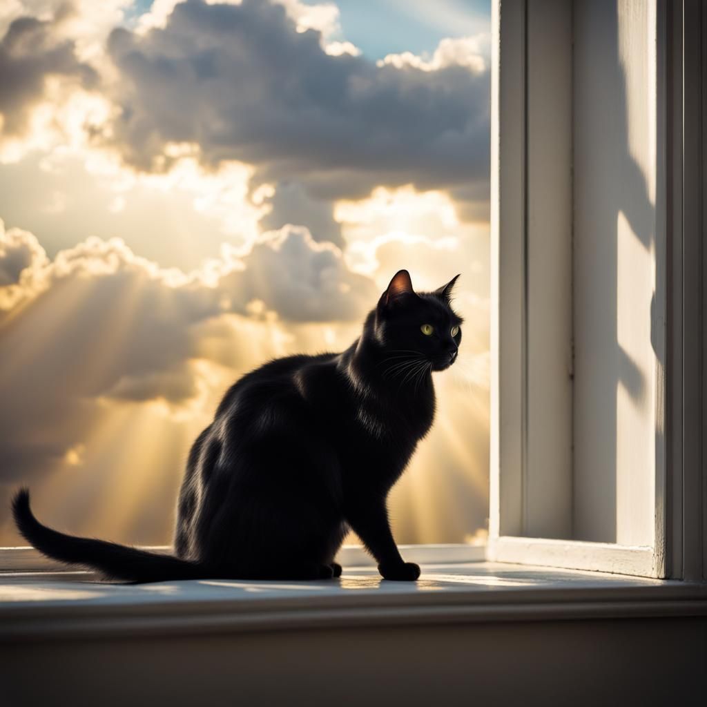 Black Cat in Window with Divine Sunlight