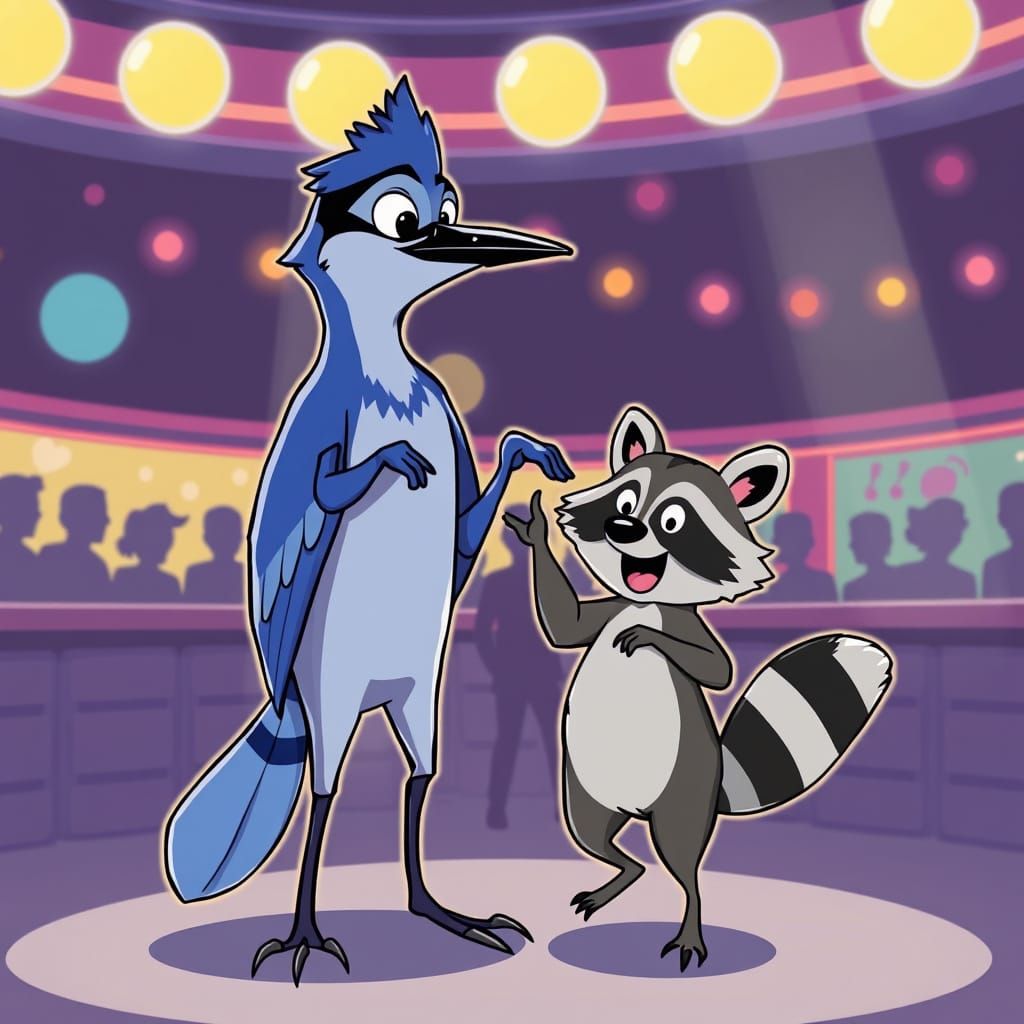 Cartoon Blue Jay and Raccoon Dancing in a Club