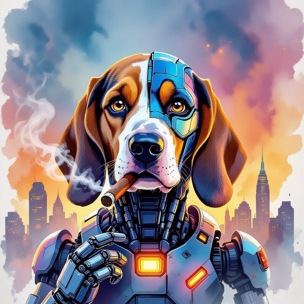 Robotic Basset Hound Movie Poster in Watercolor Style