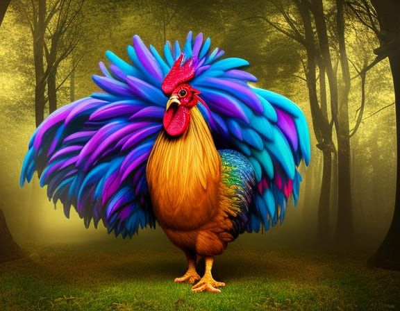 Rainbow Rooster Portrait in Enchanted Forest