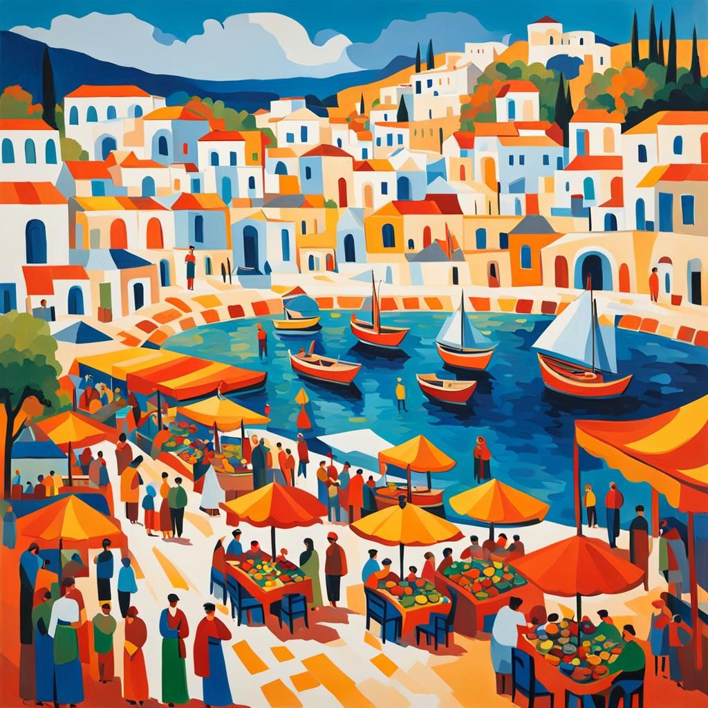 Greek Island Marketplace in Fauvist Style