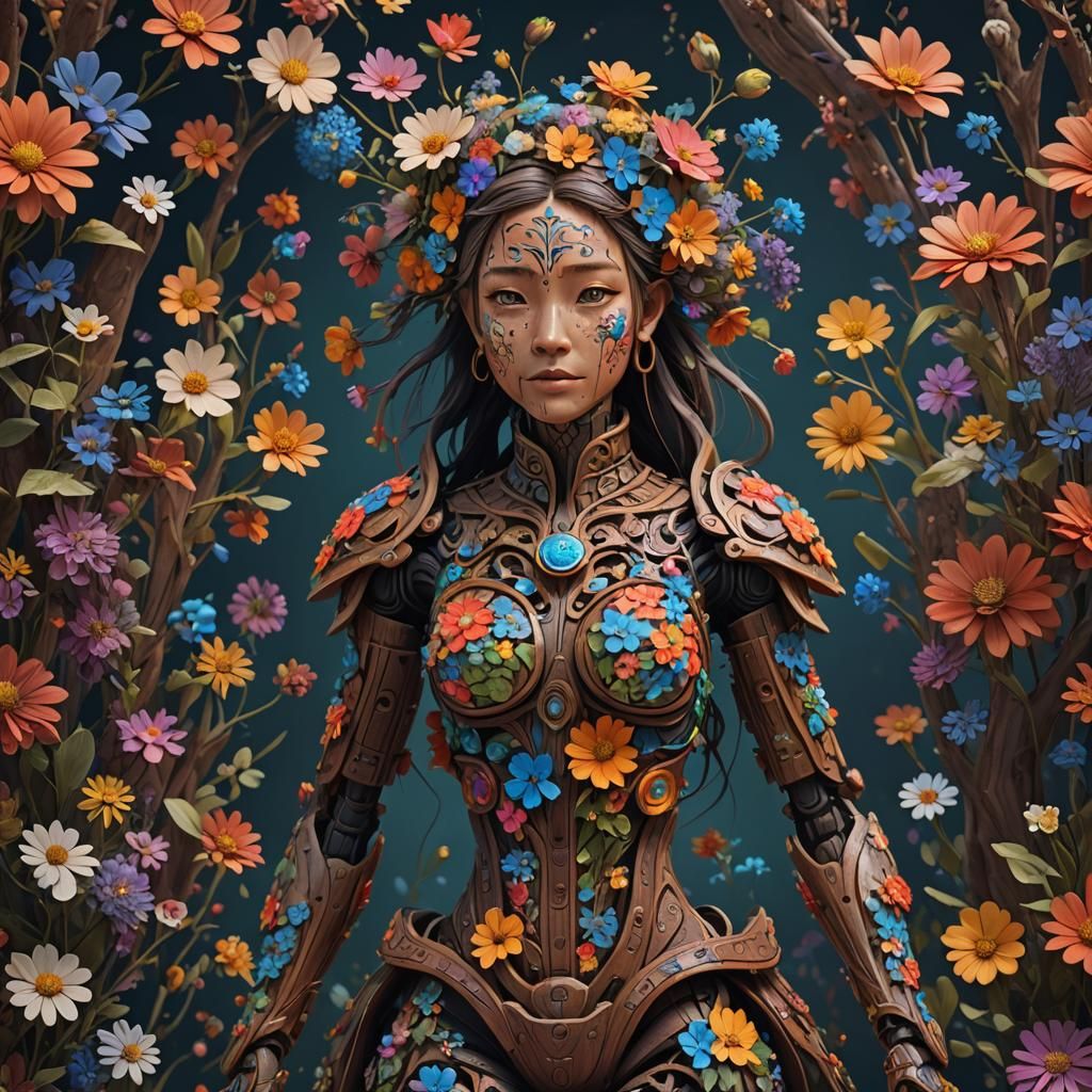 Wooden articulated figure with small, hand-painted flowers t...