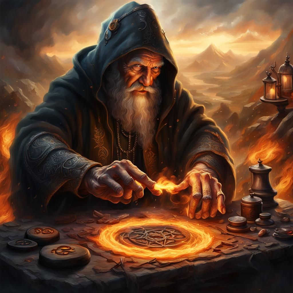 Old Sorcerer Casting Evil Spell in Digital Art