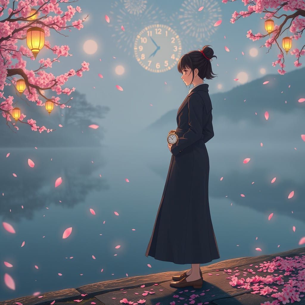 Whispering Time Traveler in Cherry Blossom Wonderland