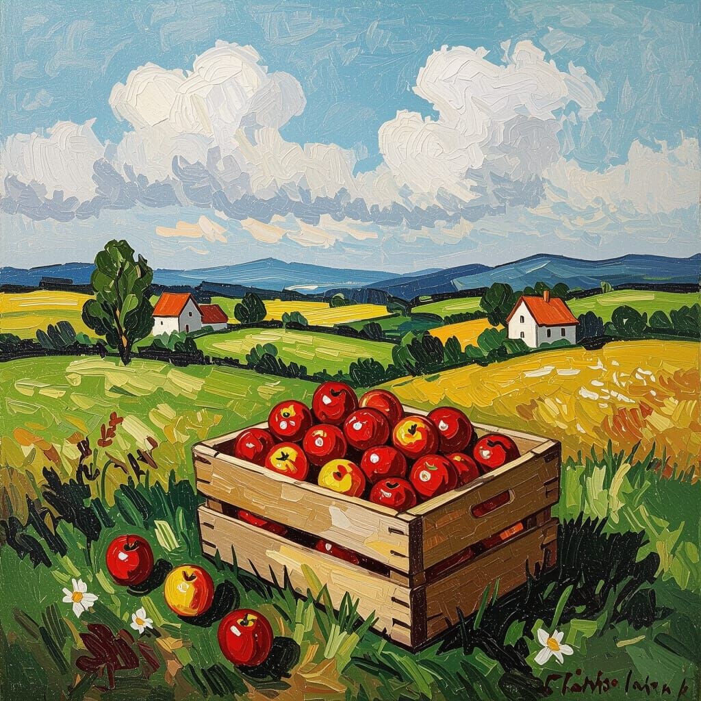 Red Apples in Landscape, Impasto Gouache Painting