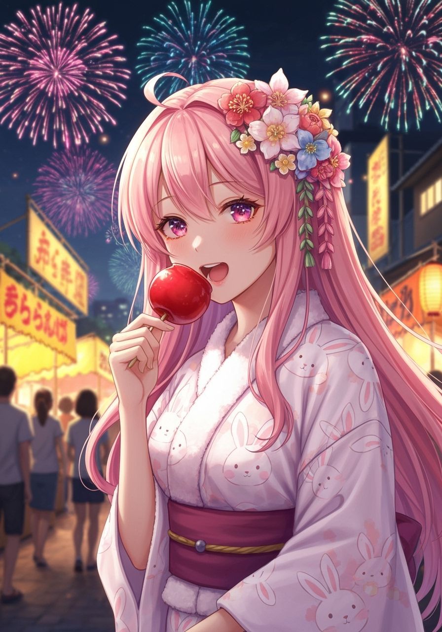 Anime Girl at Summer Matsuri with Candy Apple