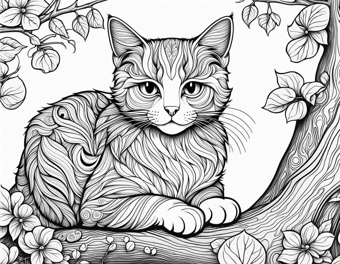 Cat in a tree - Coloring page