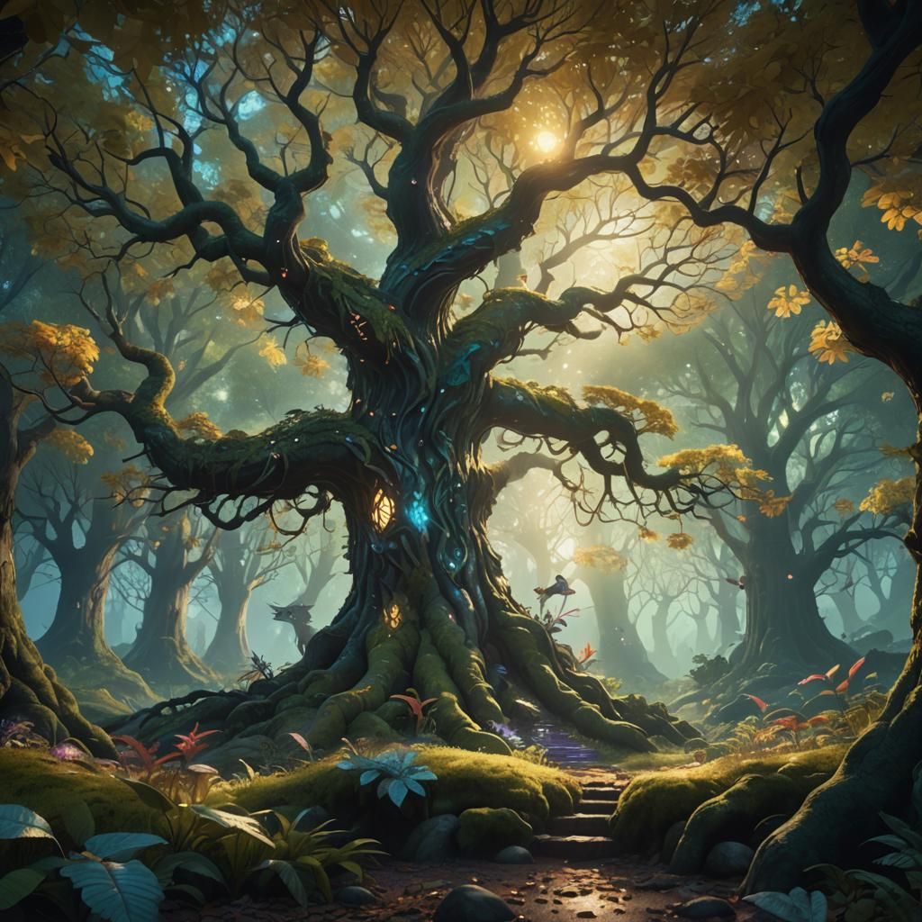 Mystical Forest Creatures Gather Under Glowing Tree