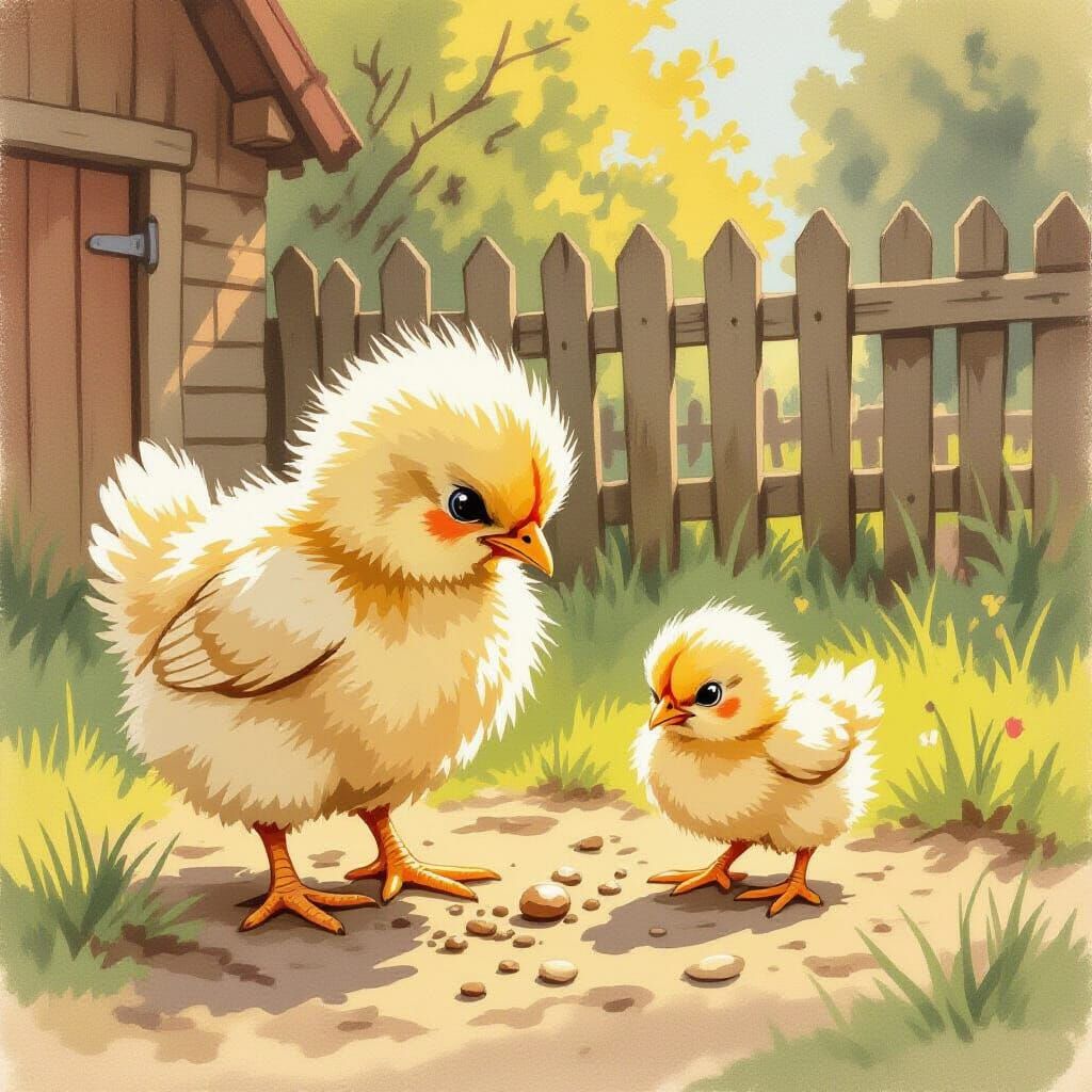 Angry Chick in Farmyard, Beatrix Potter Style