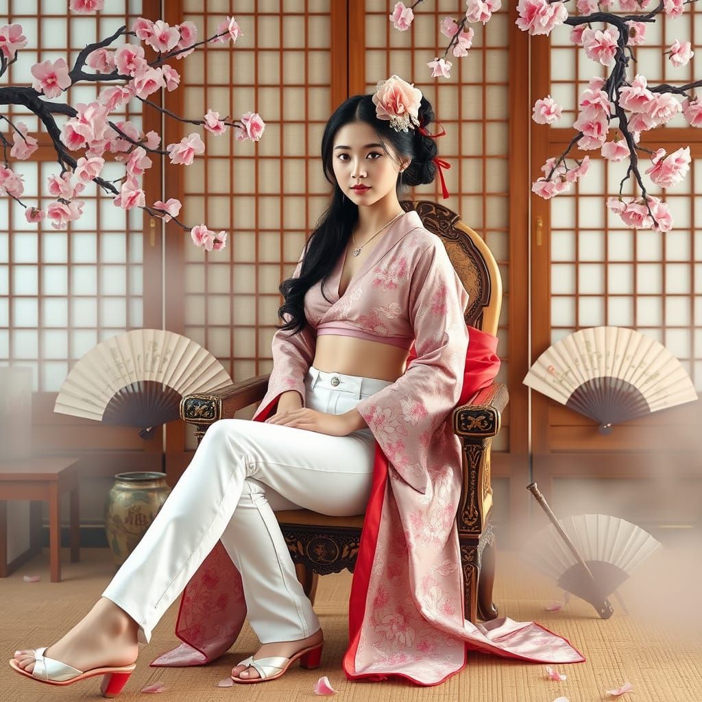 Geisha in Modern Attire Amidst Cherry Blossoms