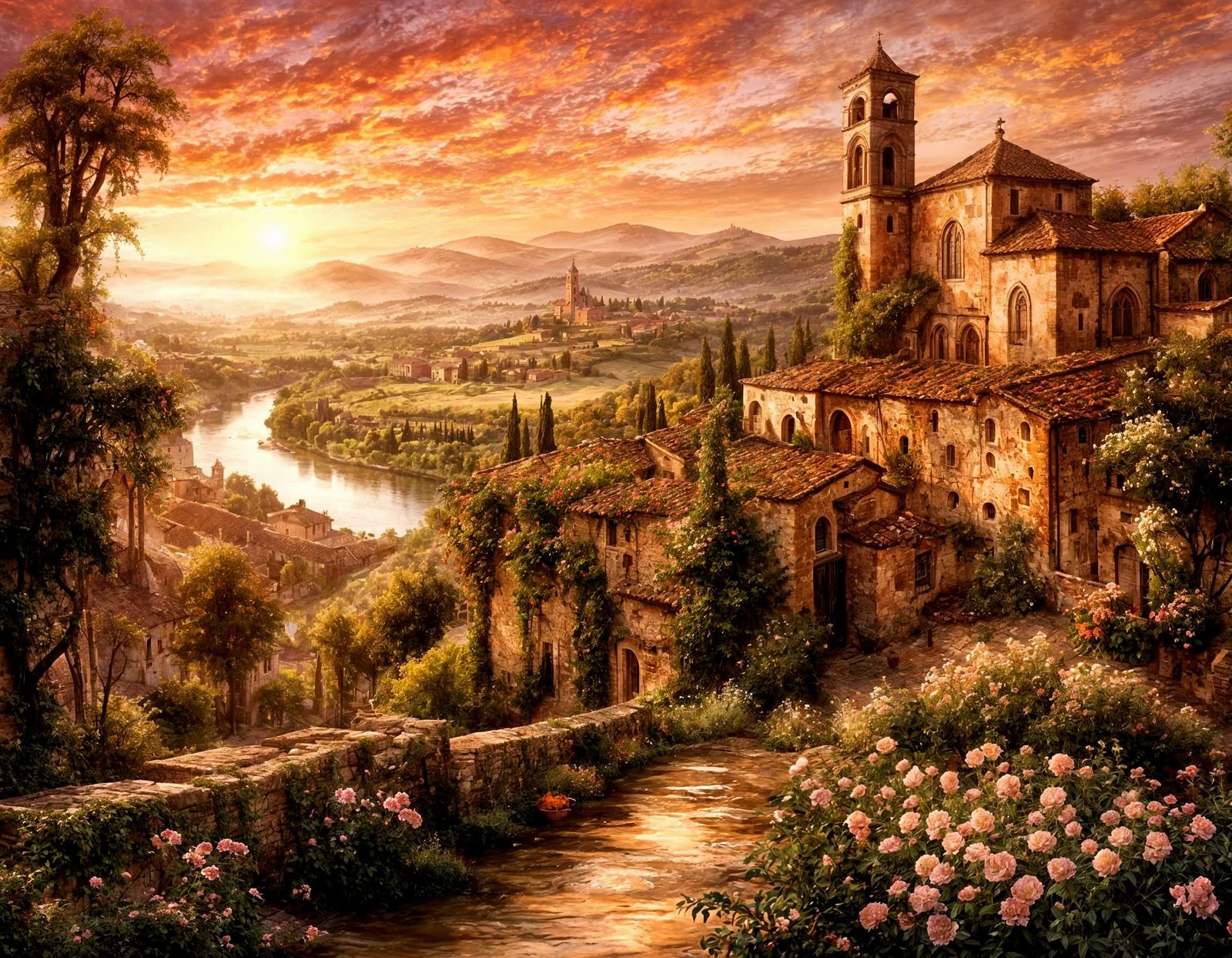Tuscany Sunrise Over Old Town Scene