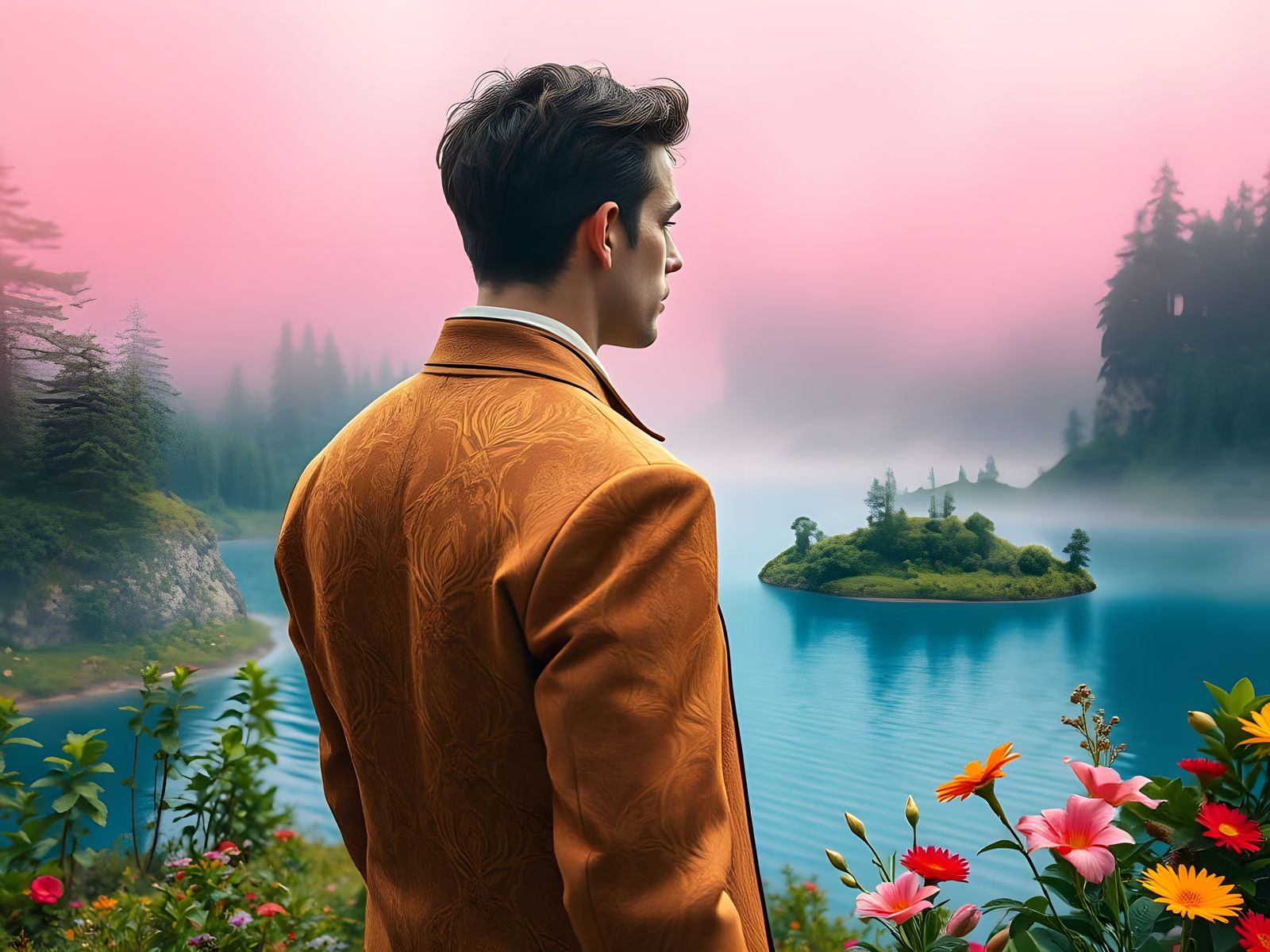 Elegant Young Man Contemplates Serene Forest Landscape