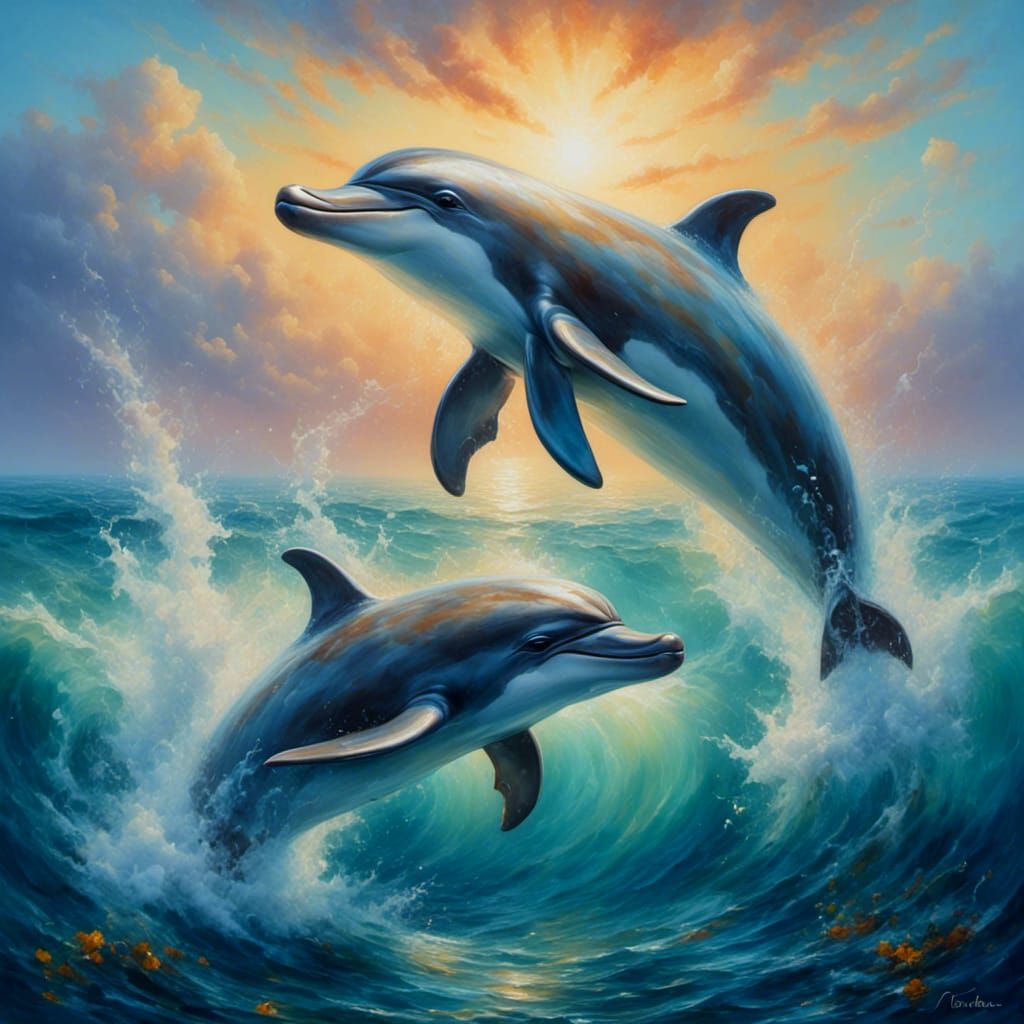 Dolphins Play at Sunset: Neo-Impressionist Oil Painting