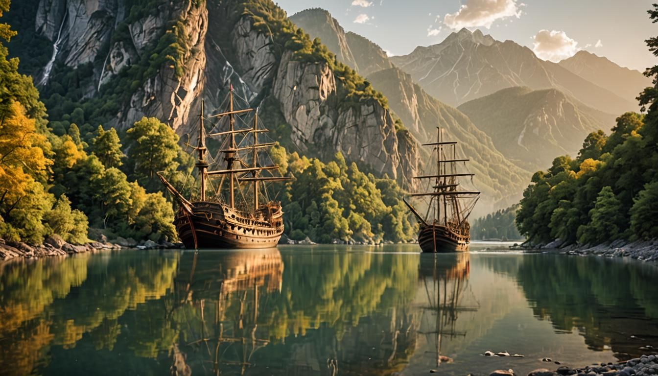 Pirate Ship Sails Down River: Panoramic Landscape Photo