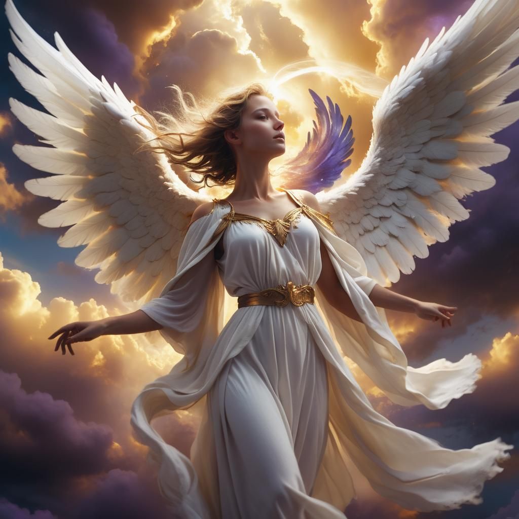 Angelic Figure Amidst Golden Clouds at Sunset