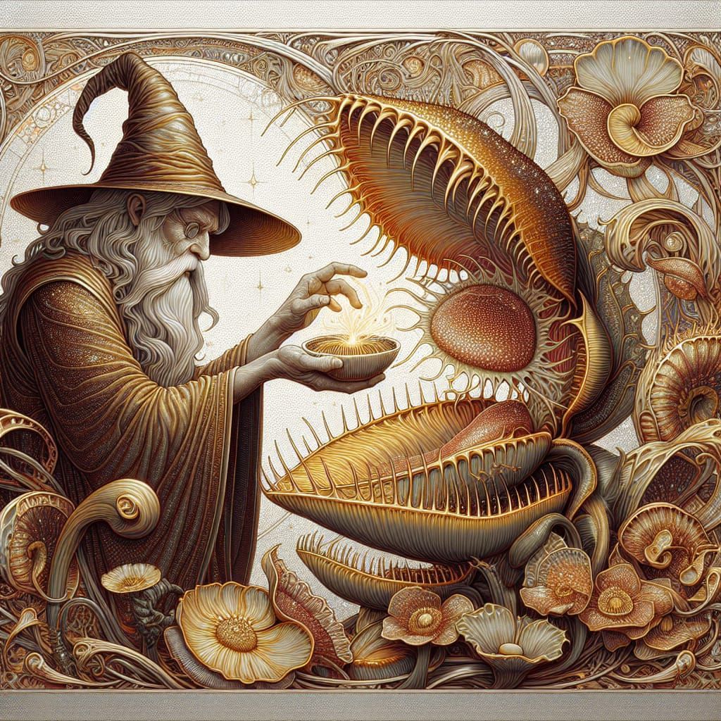 Wizard Caring for Venus Flytrap in Digital Illustration