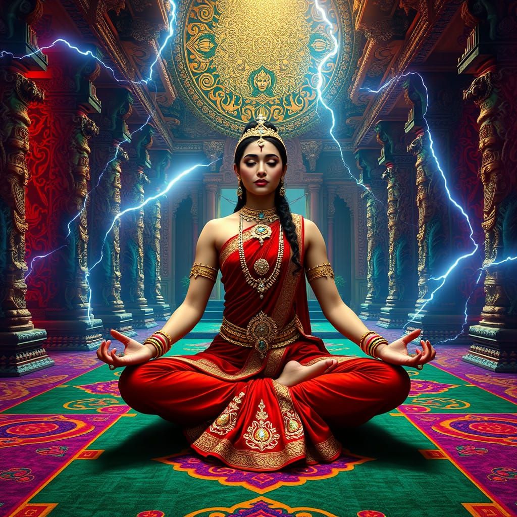 Ethereal Yogini in Majestic Lotus Pose Amidst Ancient Temple...
