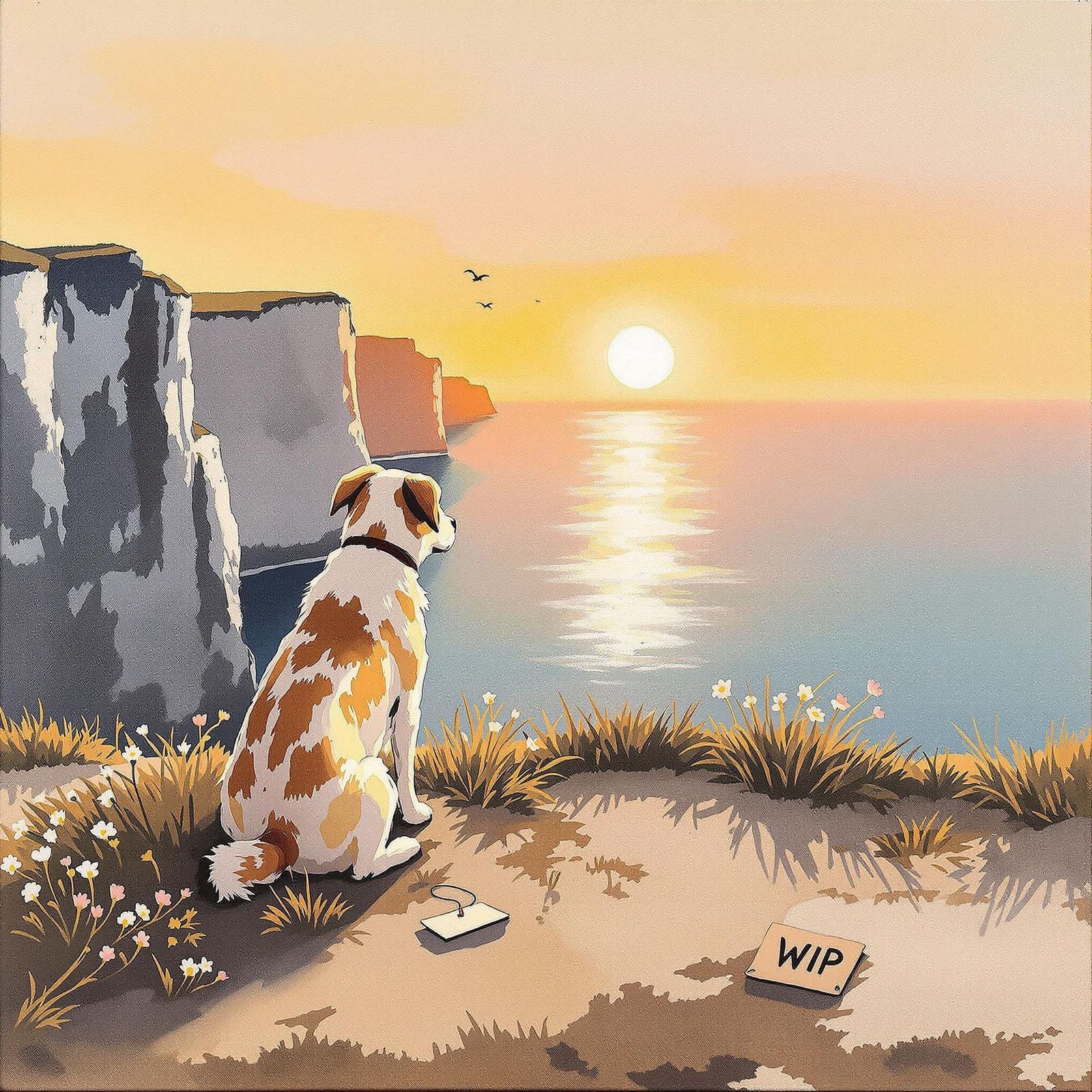 Unfinished Oil Painting: Dog Contemplates Scottish Sunset