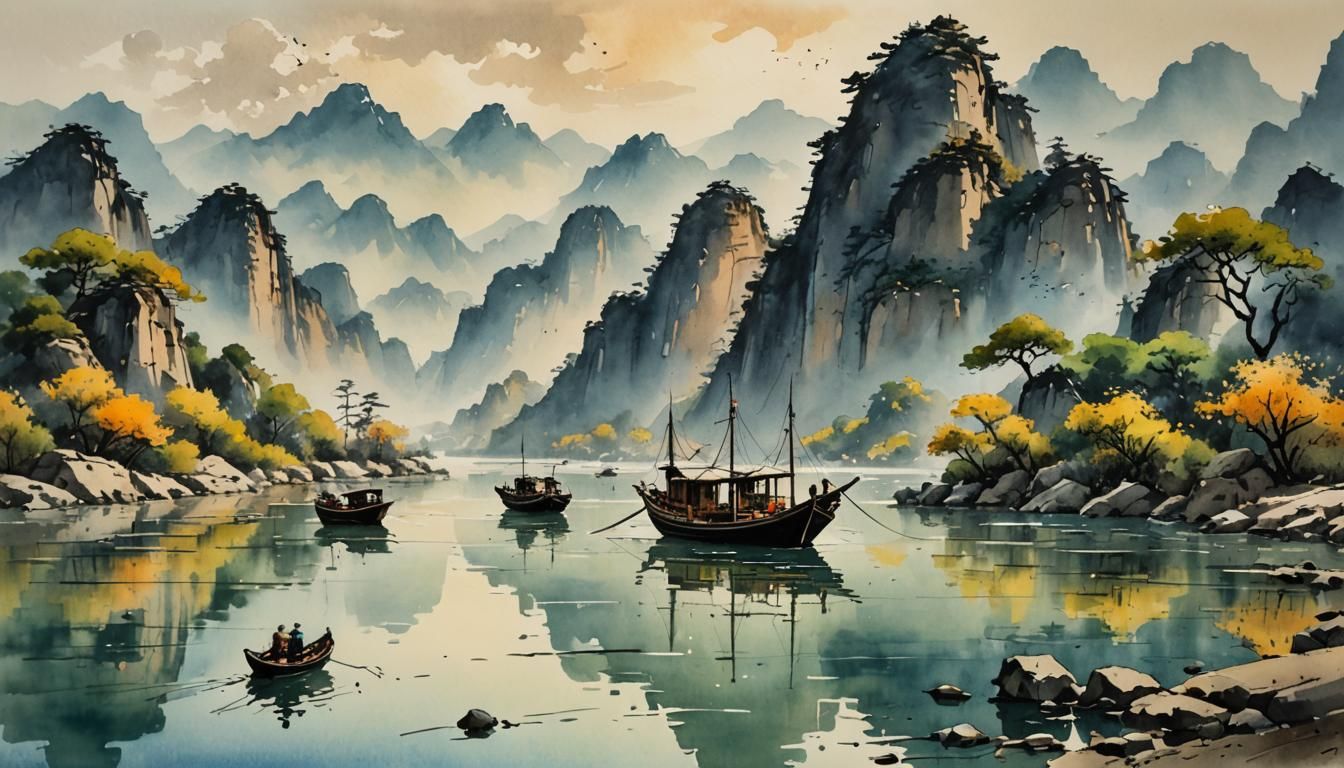 Chinese Landscape: Ink and Watercolor Masterpiece
