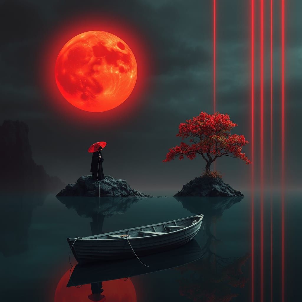 Solitary Figure Under Giant Red Sun