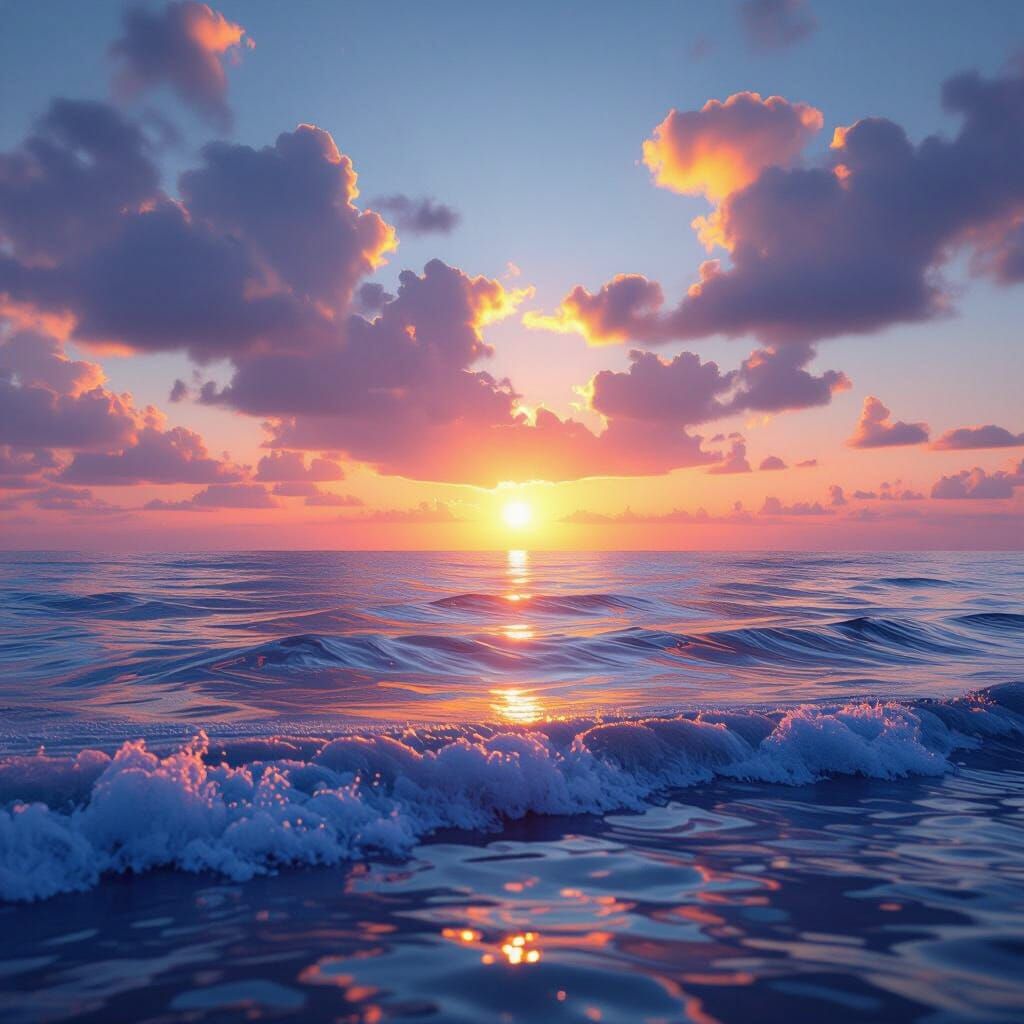 Majestic Sunrise Over Ocean Waves: Photorealistic Landscape