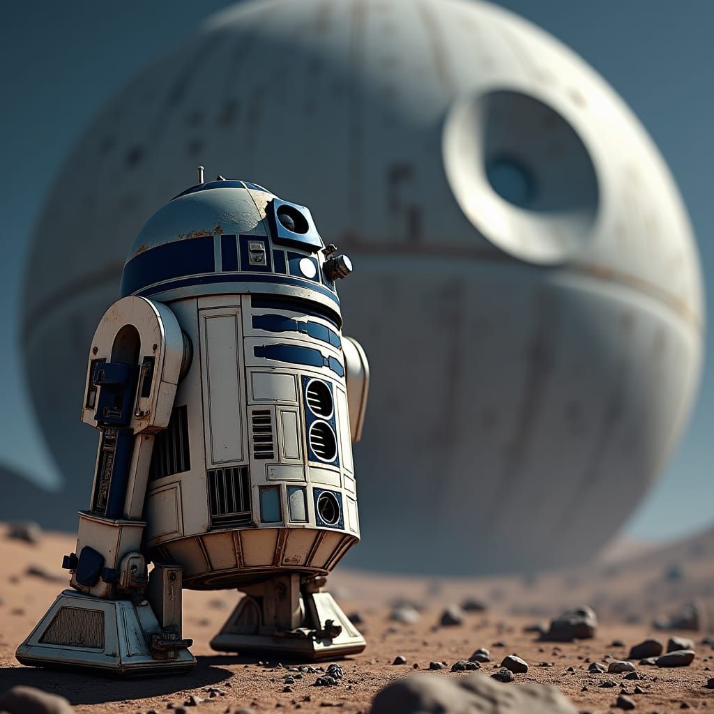 R2D2 Hyperrealistic Portrait with Death Star Backdrop