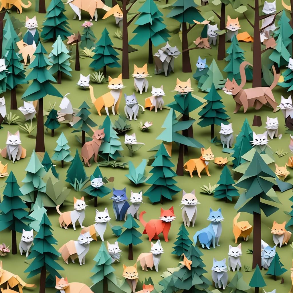 Origami Cats Explore Forest in Papercraft Style