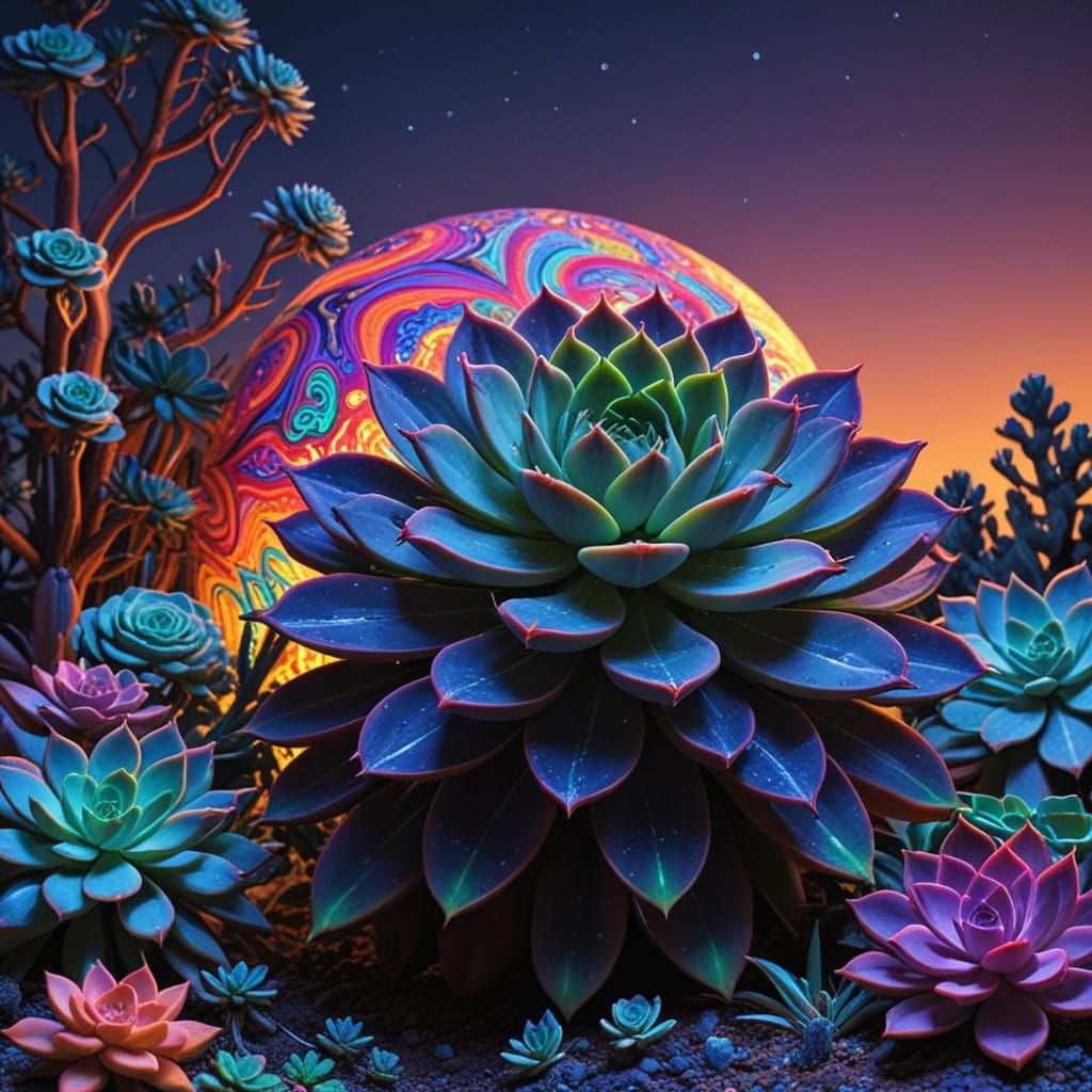 Vibrant Succulent Mural in Psychedelic Style