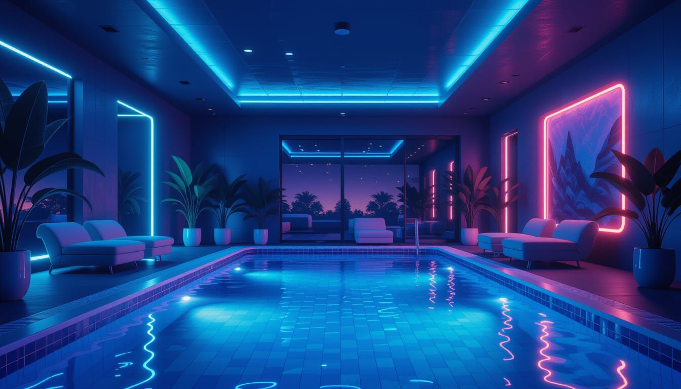 Liminal Pool Room in Futuristic Neon Style