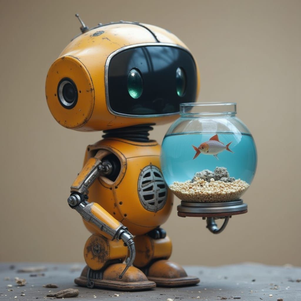 Cute Robot Holding a Fishbowl