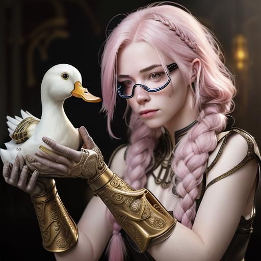 Artificer Woman Building Mechanical Duck with Prosthetic Arm