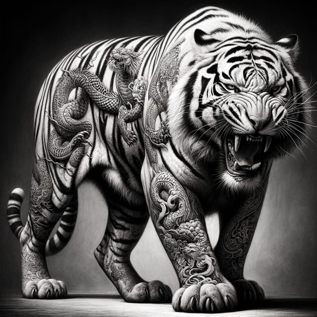 Majestic Tattooed White Tiger in Charcoal Sketch Style