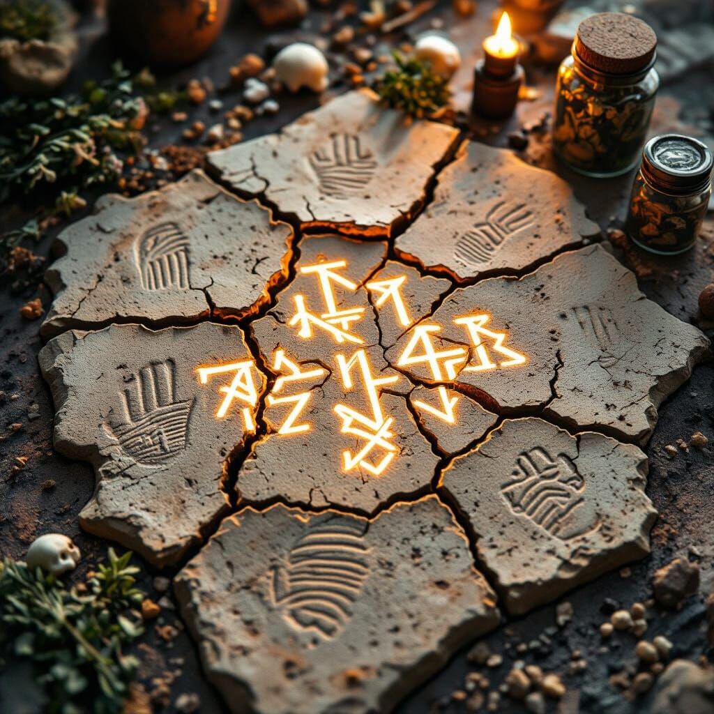Glowing Runes on Magically Infused Cracked Clay Tile