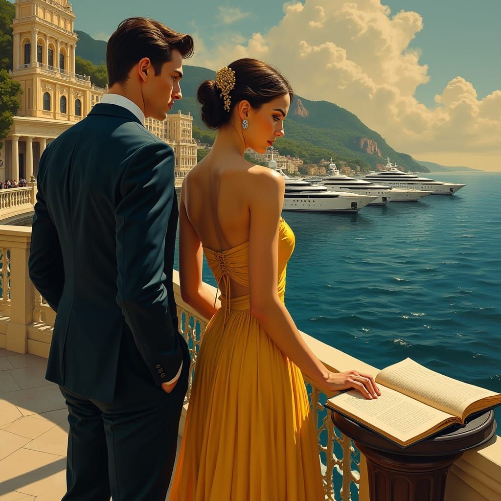 Elegant Couple Gazing Out at Monte Carlo Harbor
