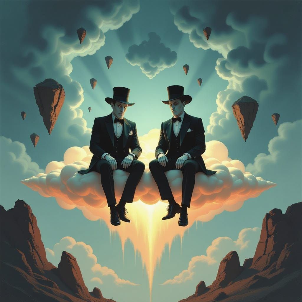 Surreal Figures on Luminous Cloud, Dalí and Da Vinci Fusion